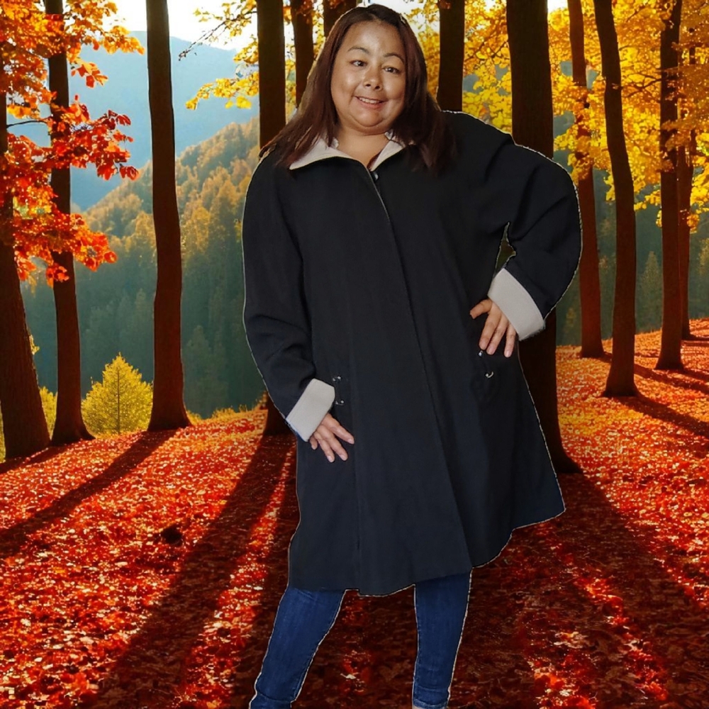 CONTEMPORAINE. Women's Black Trenchcoat With Beige Cuffs On Sleeve Size Large. - Picture 12 of 14